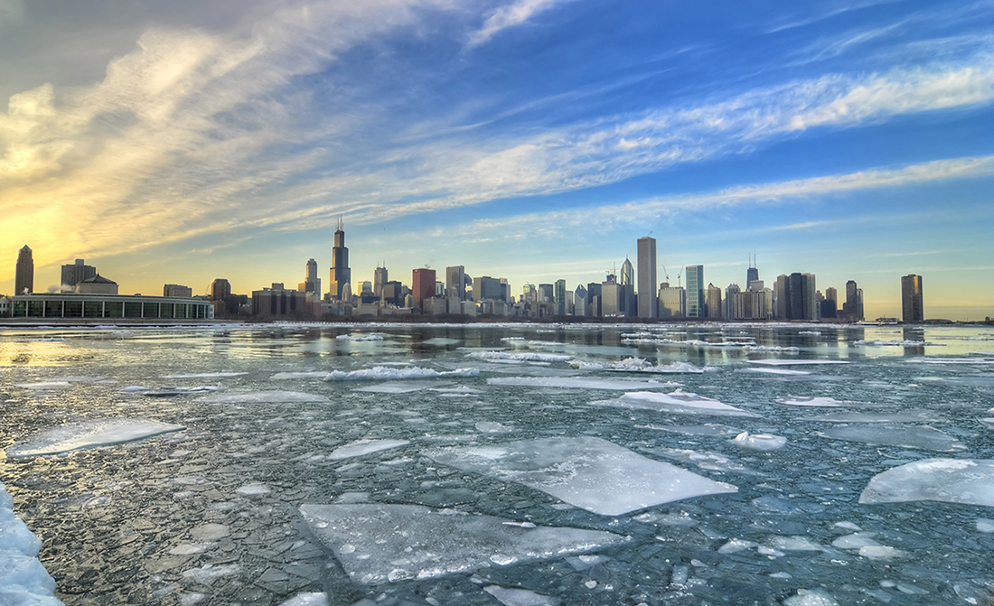 Frozen water surrounding city