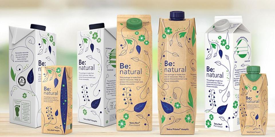 Seven cartons of Tetra Pak packaging with the Carbon Trust label